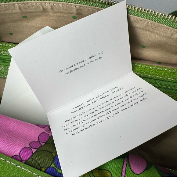 Rare Kate Spade Icon Green Floral Print Zip-Top Tote Bag Canvas Leather Handles - Picture 8 of 15
